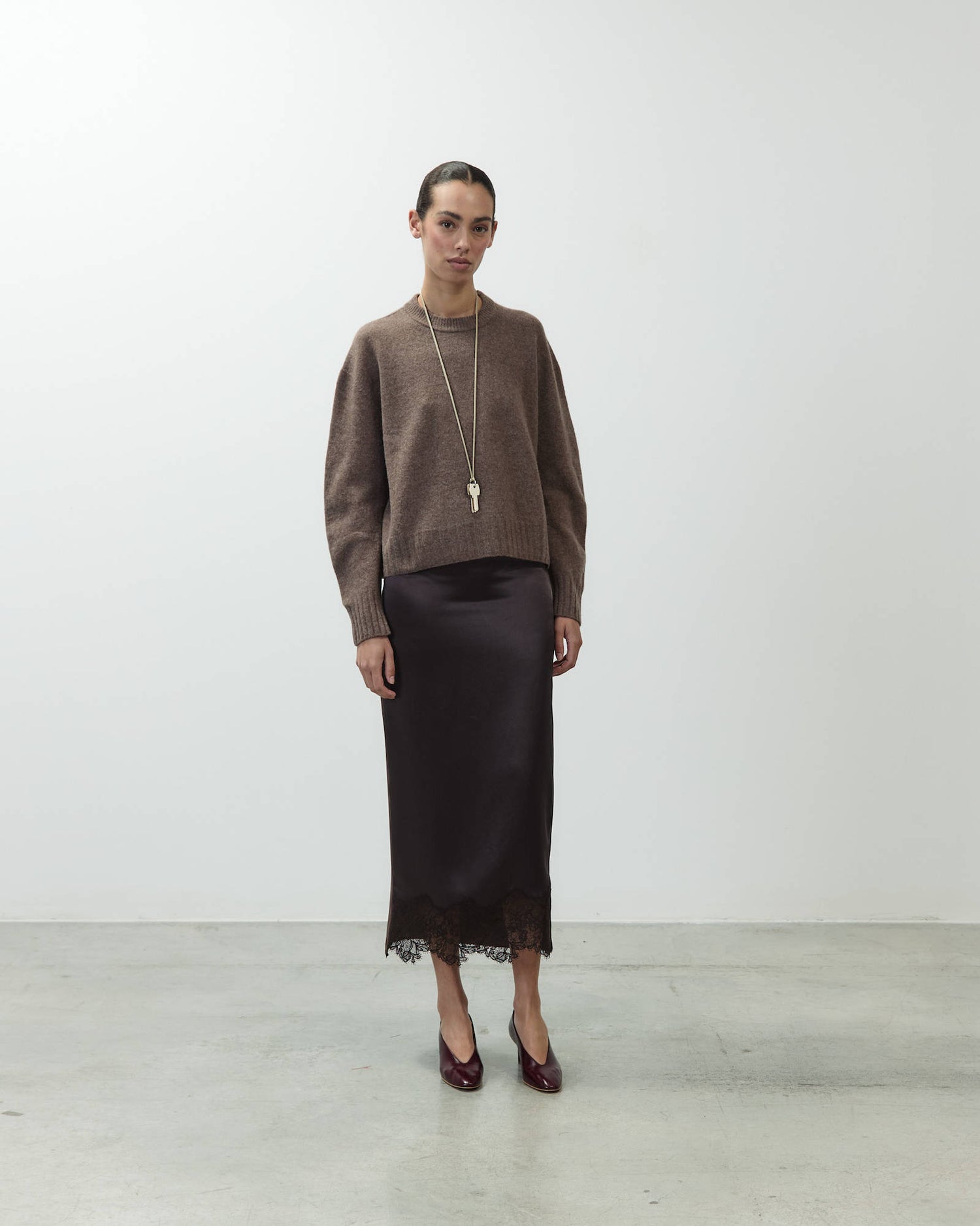 SATIN AND LACE MIDI SKIRT