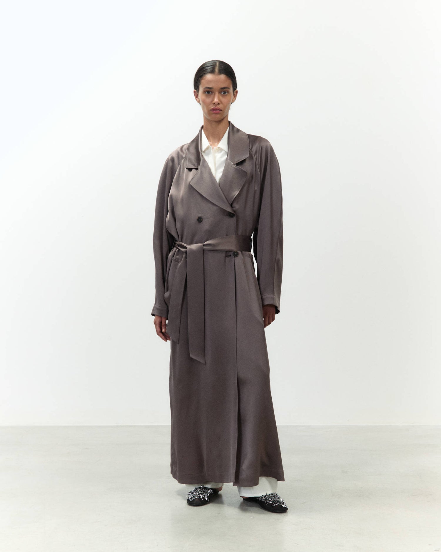 LONG SATIN TRENCH COAT