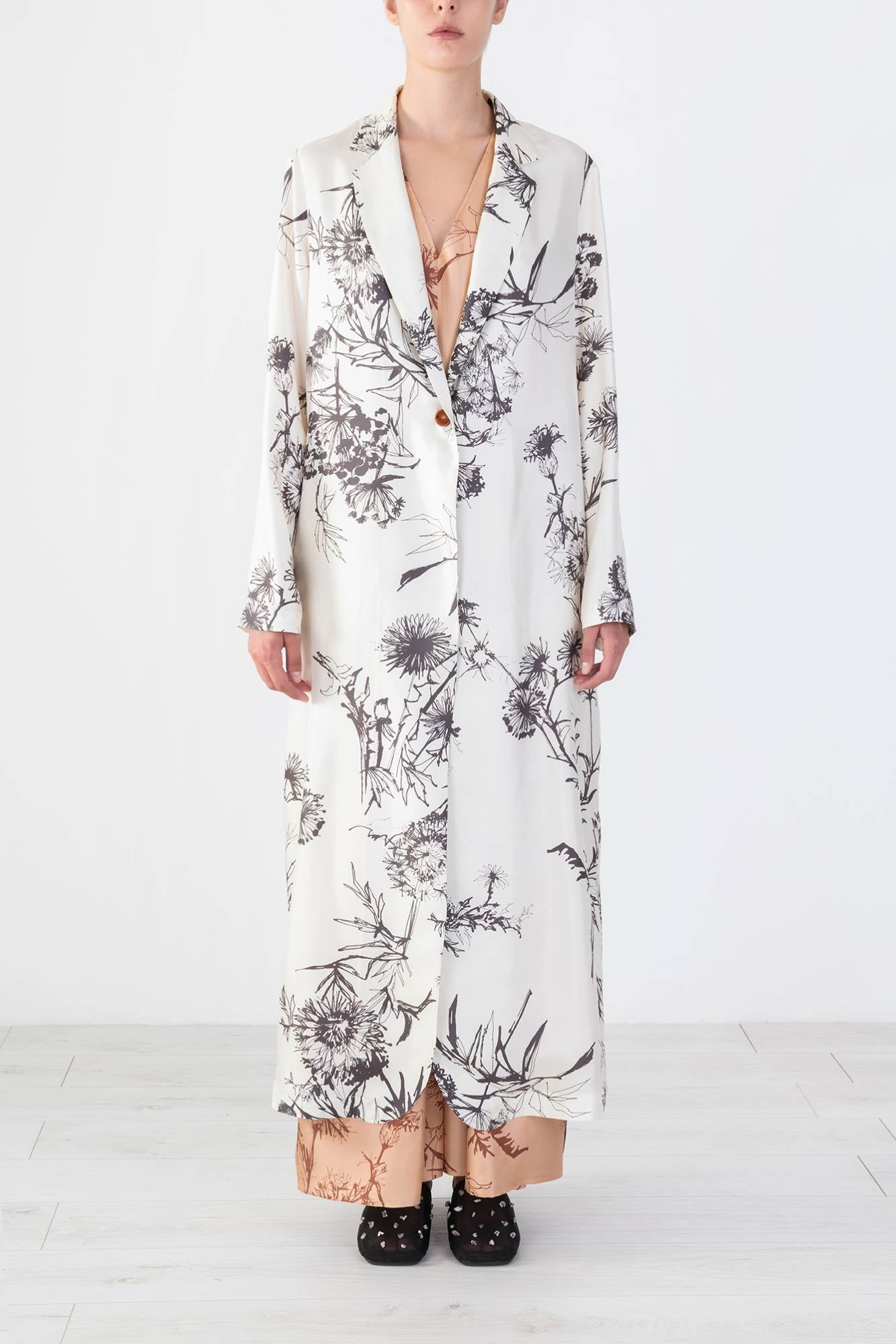 TAILORED DUSTER COAT WITH “DANDY LION” PRINT