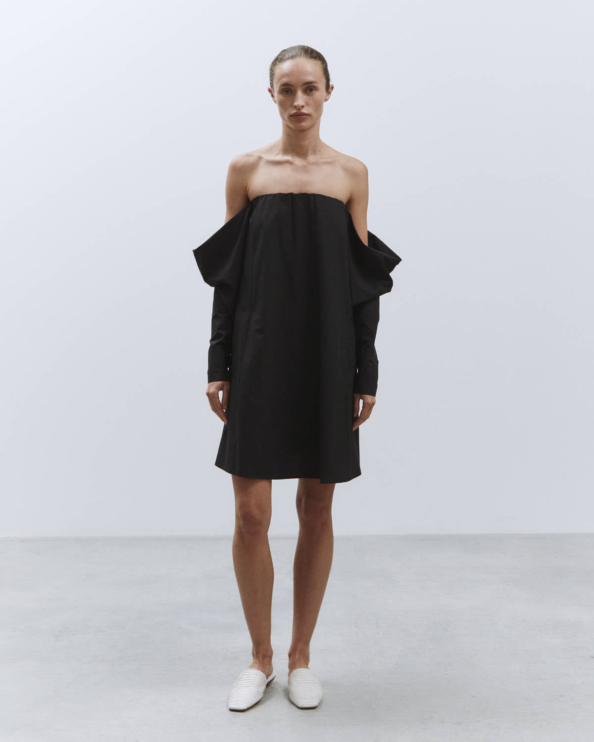 POPLIN MINI DRESS WITH OFF THE SHOULDER