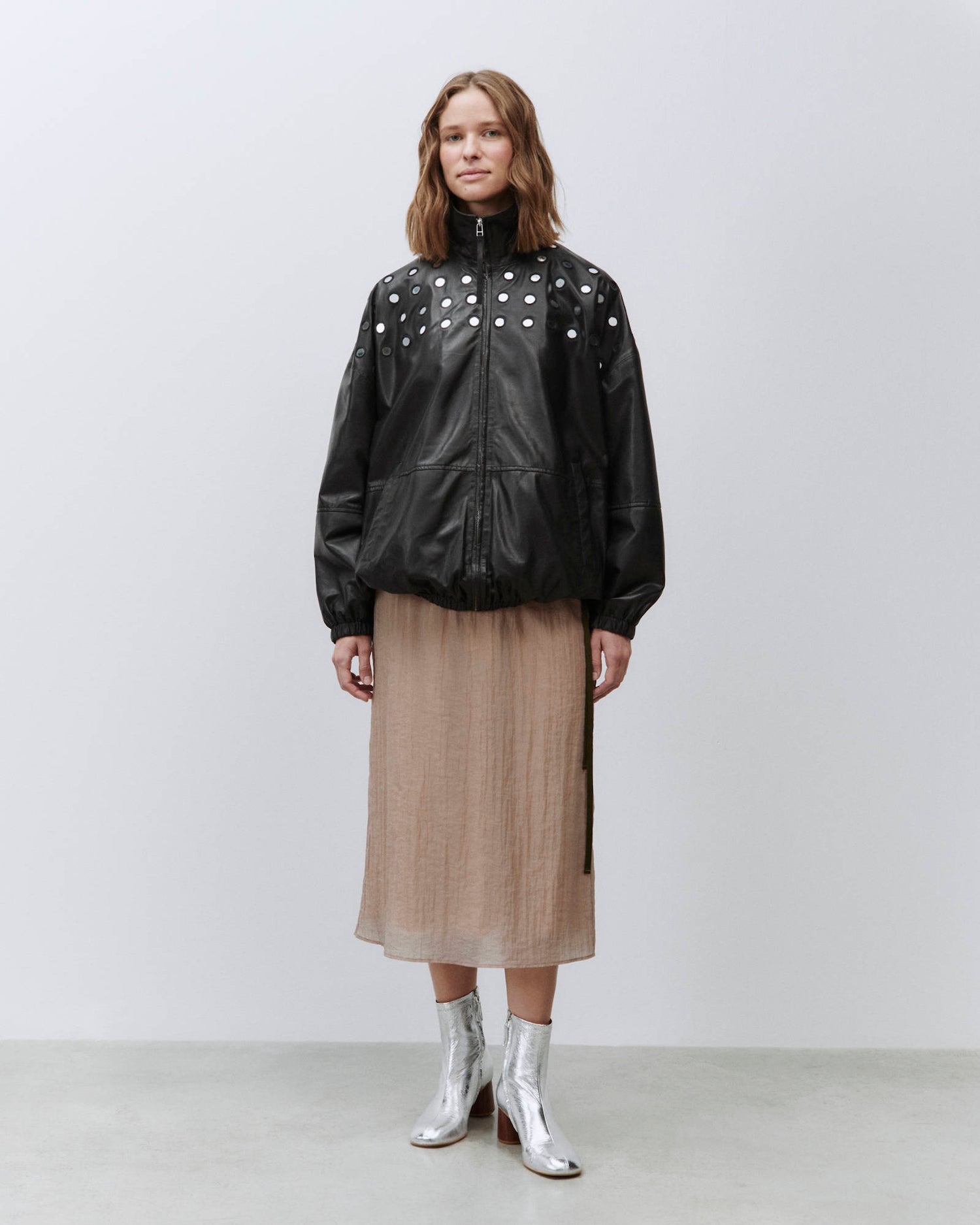 LEATHER BOMBER WITH MIRROR APPLICATIONS