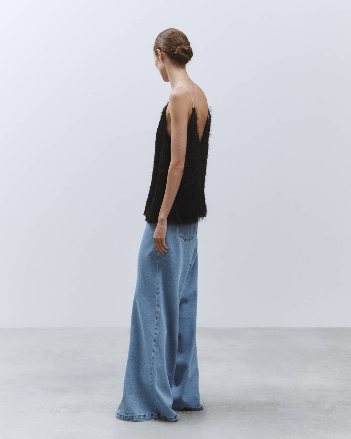 TOP WITH FRINGED FABRIC STRAPS Black