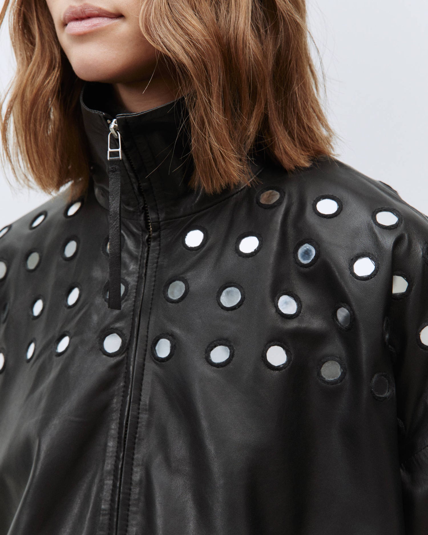 LEATHER BOMBER WITH MIRROR APPLICATIONS