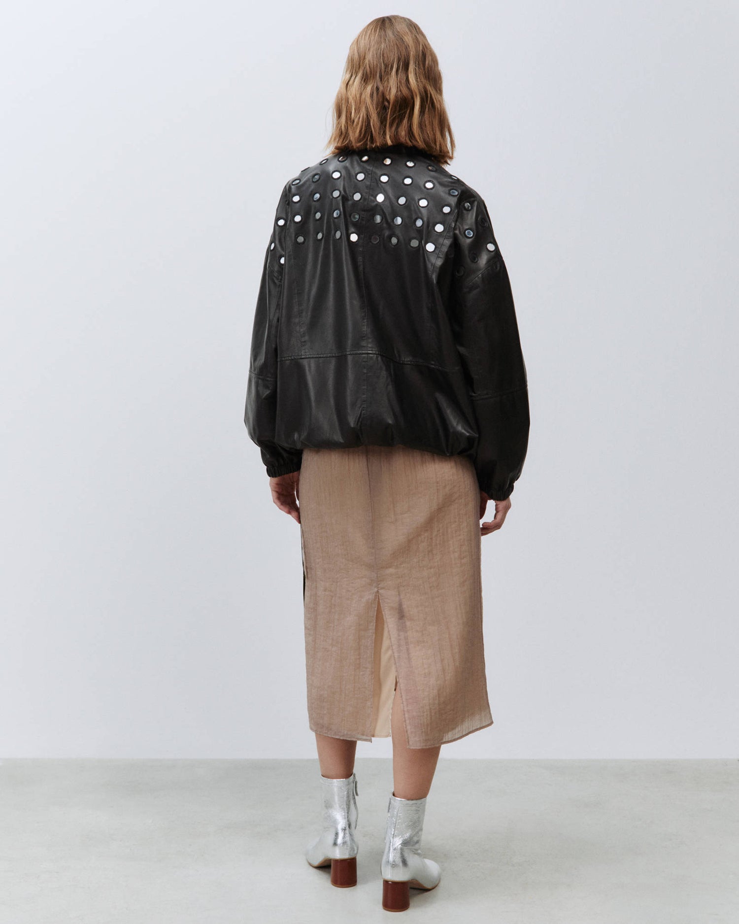 LEATHER BOMBER WITH MIRROR APPLICATIONS