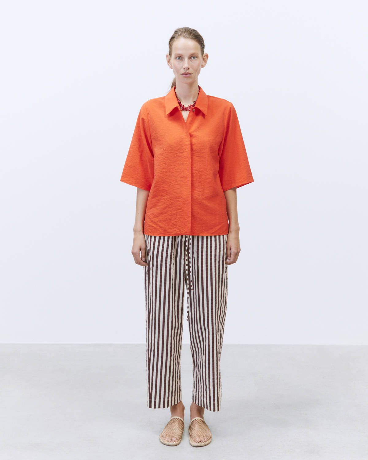 CROPPED SILK CANVAS SHIRT Coral