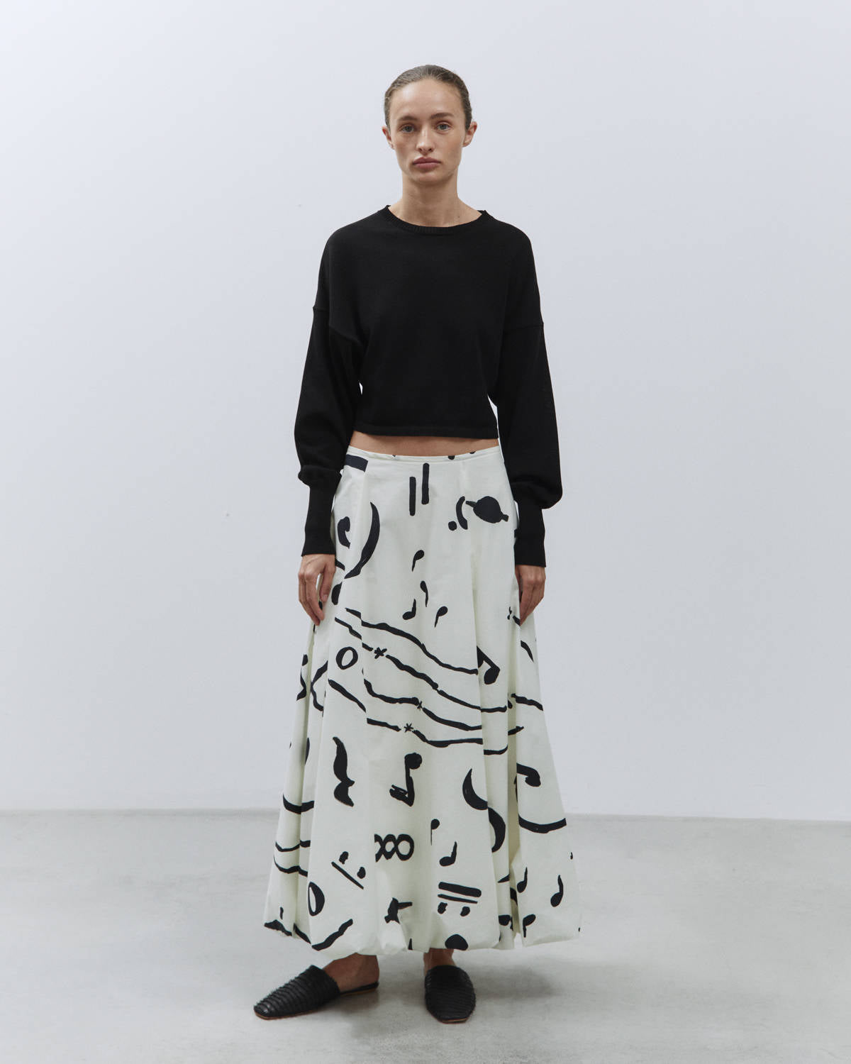 CROPPED COTTON CREPE SWEATER Black