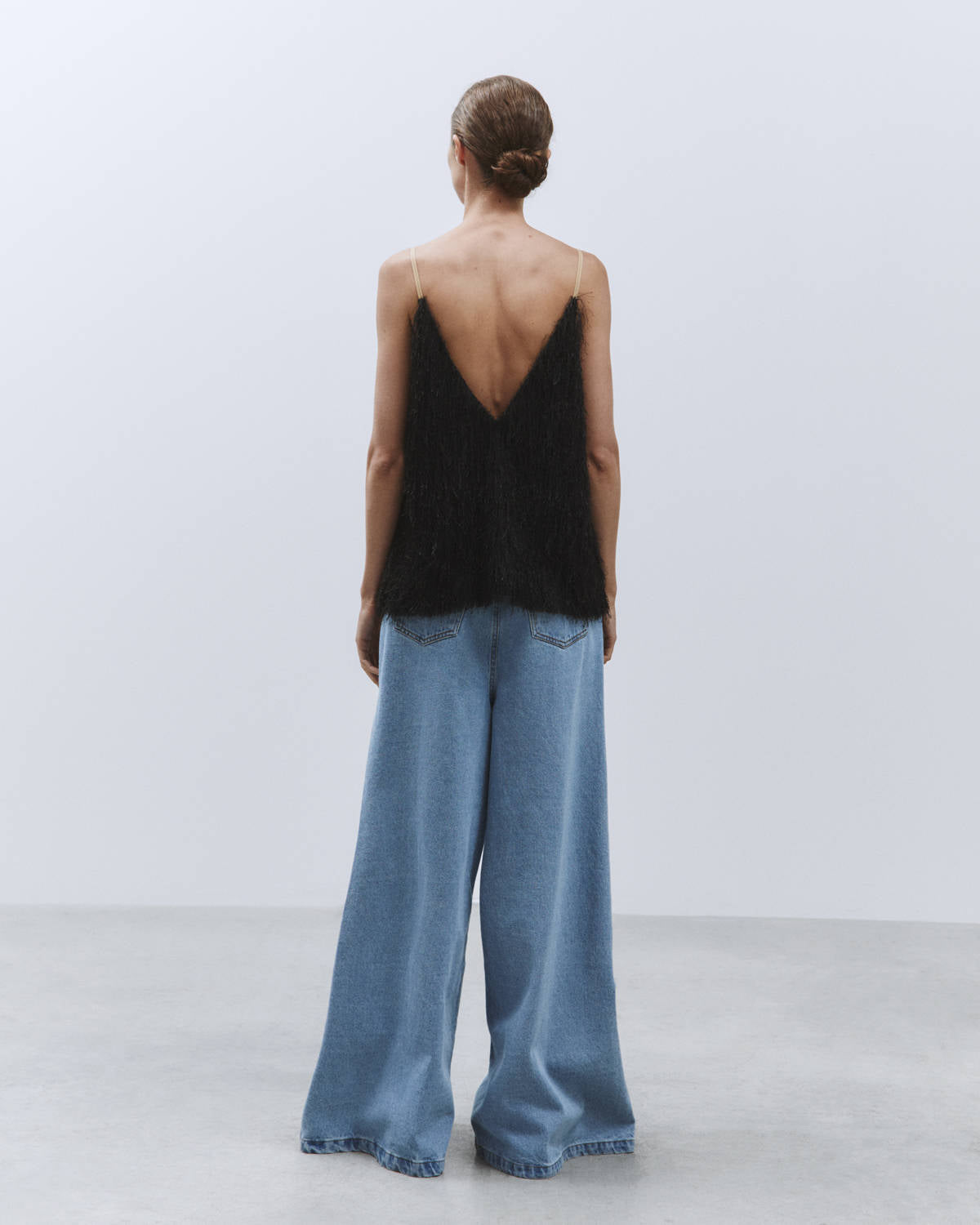 TOP WITH FRINGED FABRIC STRAPS Black