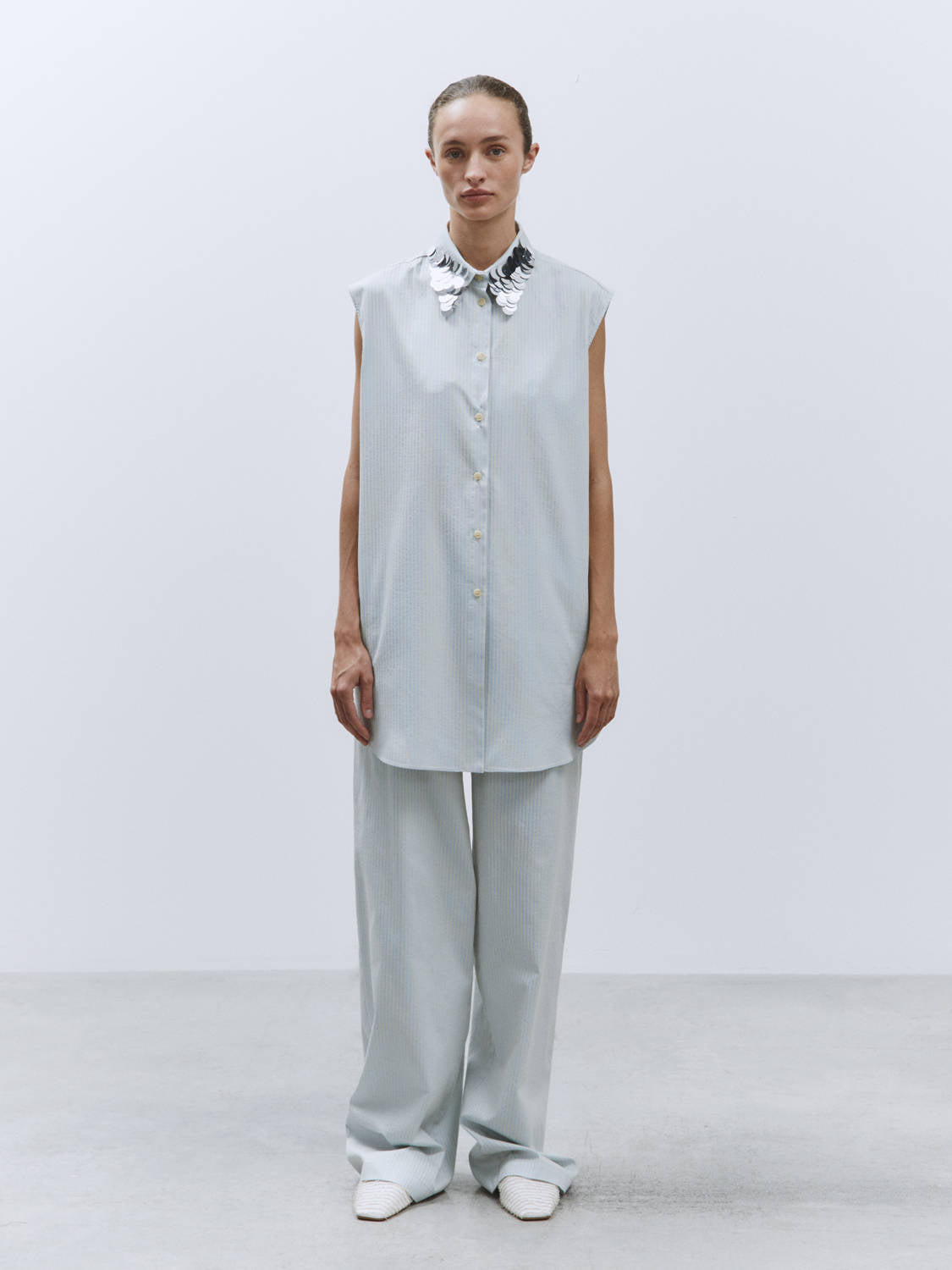 PINSTRIPES SHIRT EMBROIDERED COLLAR Light Blue