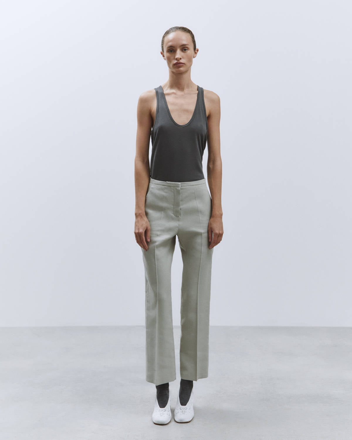 CROPPED LINEN STRETCH PANTS Stone