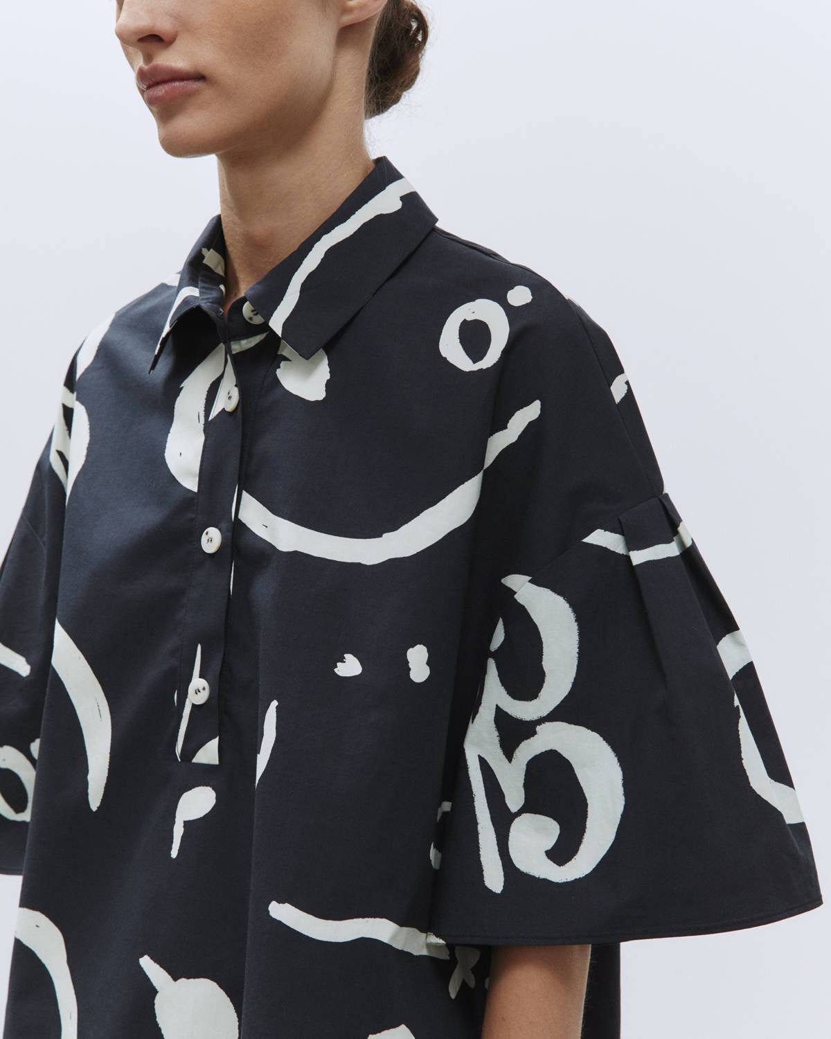 PLEATED SLEEVE SHIRT PRINTED COTTON Black