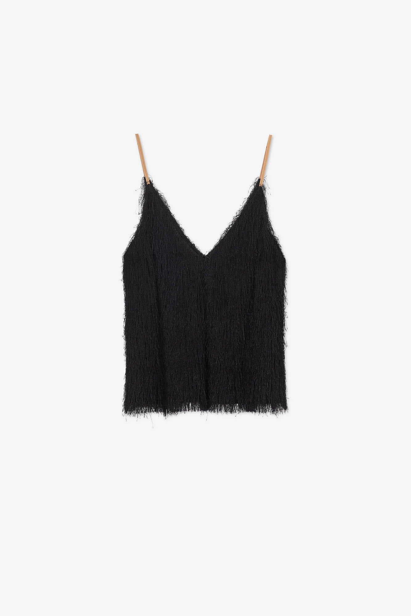 TOP WITH FRINGED FABRIC STRAPS Black