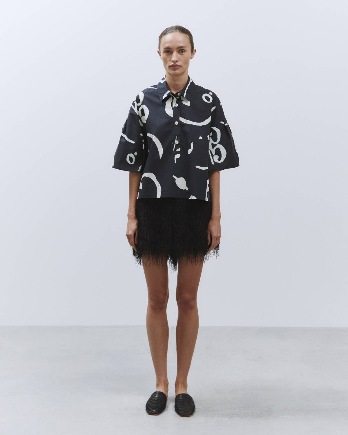 PLEATED SLEEVE SHIRT PRINTED COTTON Black