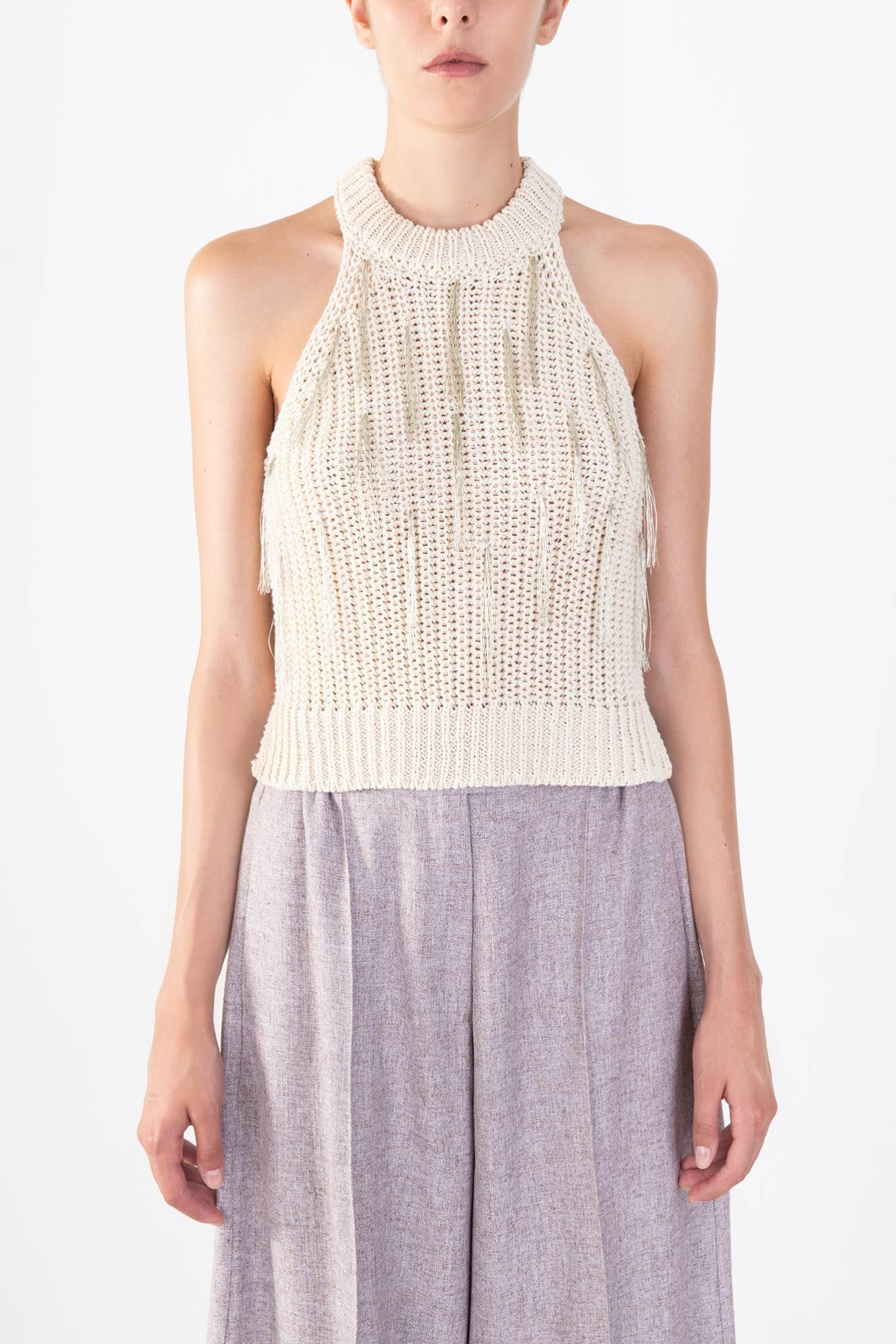 KNIT TOP WITH FRINGE EMBROIDERY