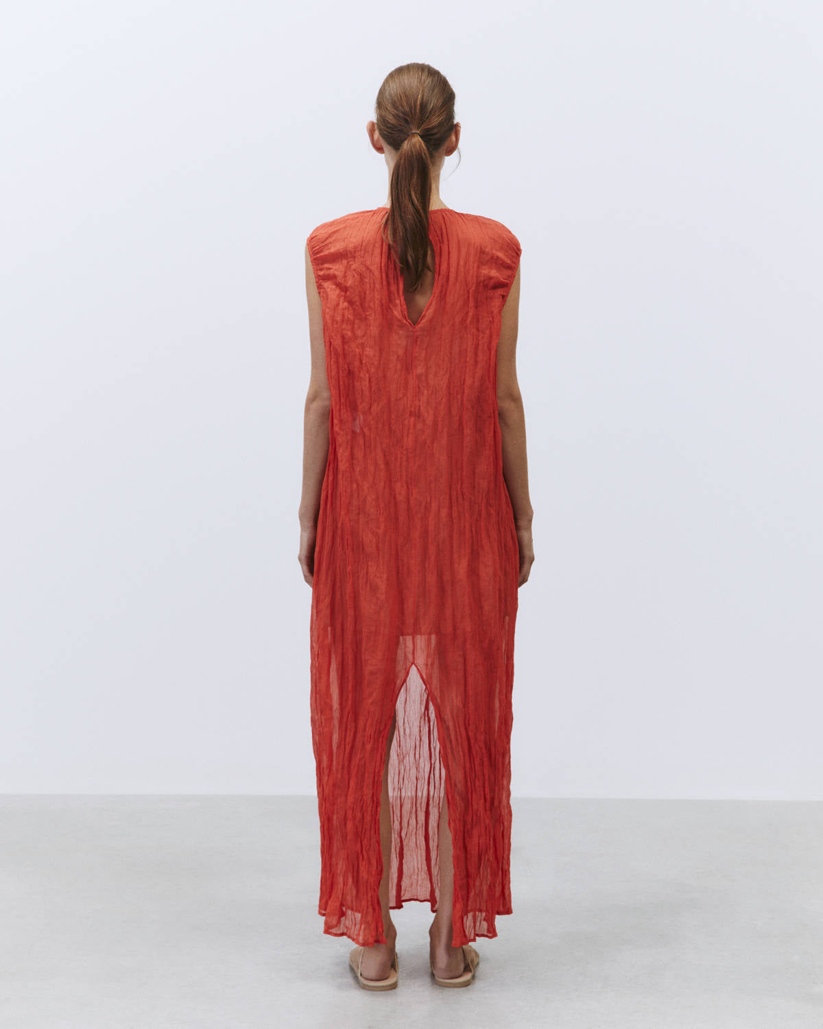 METALLIC GAUZE LOUNGETTE DRESS Coral