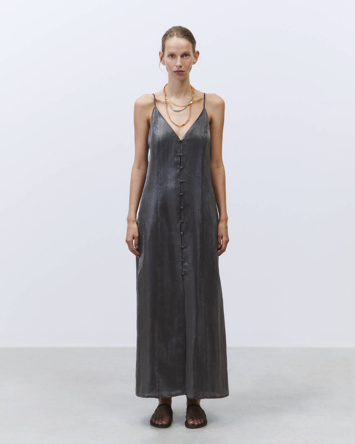 LINEN CHEMISIER DRESS CRYSTAL EFFECT Charcoal