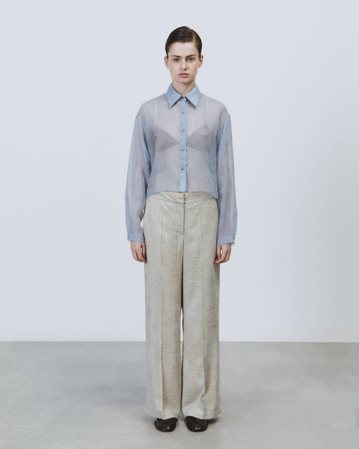 FRINGE-EFFECT ORGANZA BOXY SHIRT